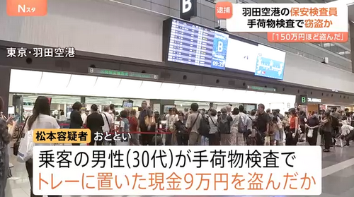 震惊！东京羽田机场安检员竟盗走乘客150万日元，约80多人受害......